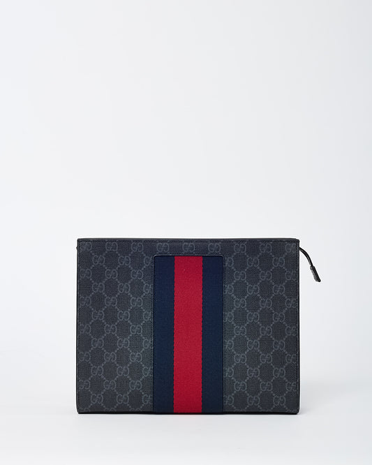 Gucci Black GG Supreme Monogram Coated Canvas Web Zip Clutch Bag