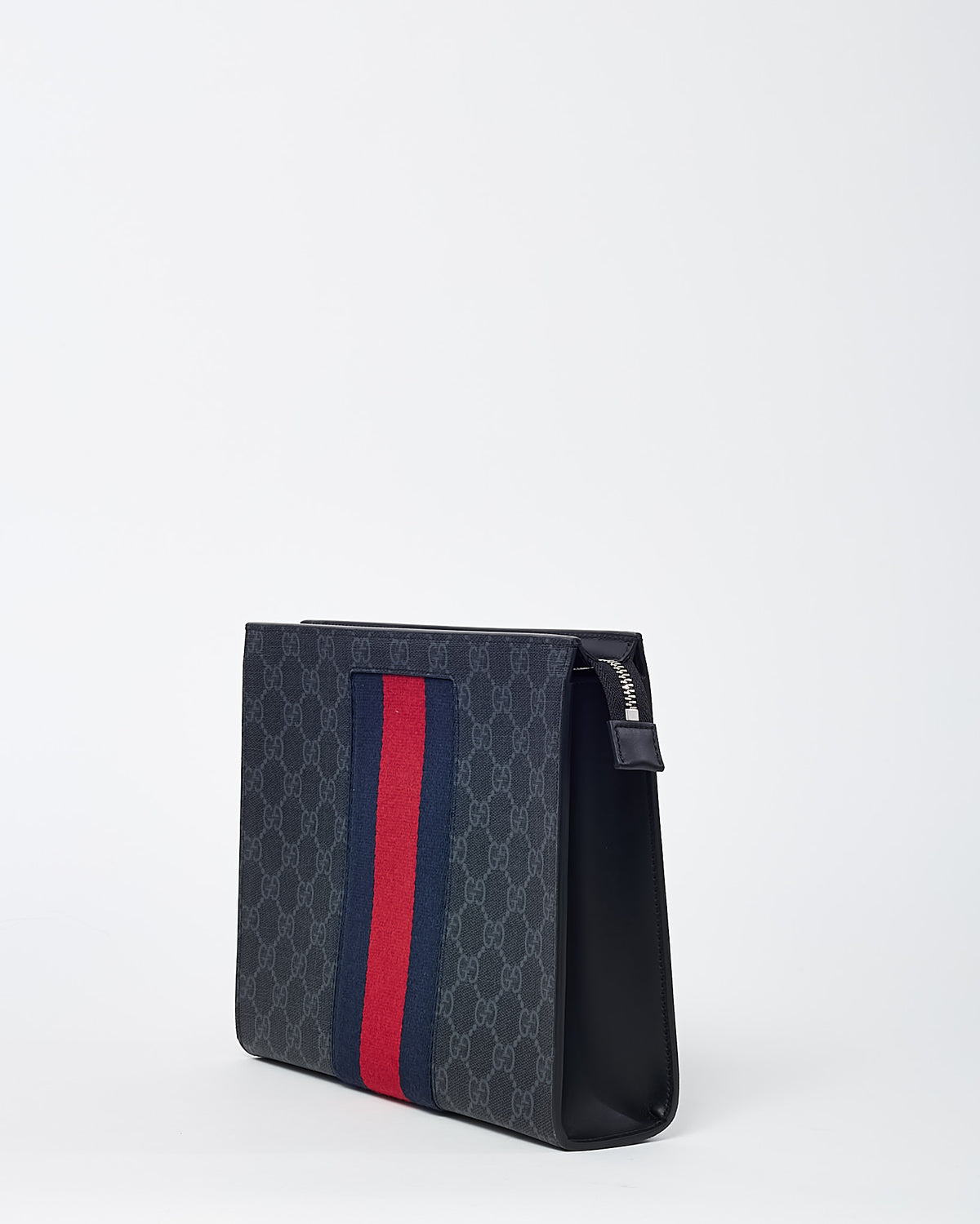 Gucci Black GG Supreme Monogram Coated Canvas Web Zip Clutch Bag