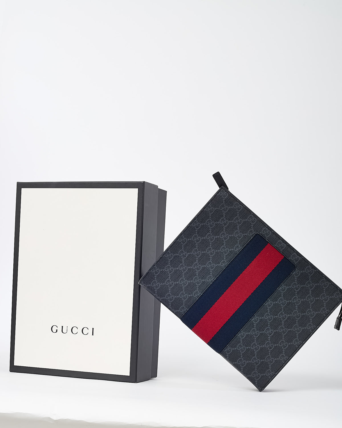 Gucci Black GG Supreme Monogram Coated Canvas Web Zip Clutch Bag