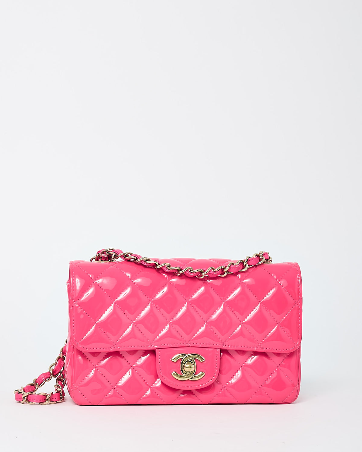 Chanel Pink Quilted Patent Leather Rectangular Mini Flap Bag GHW