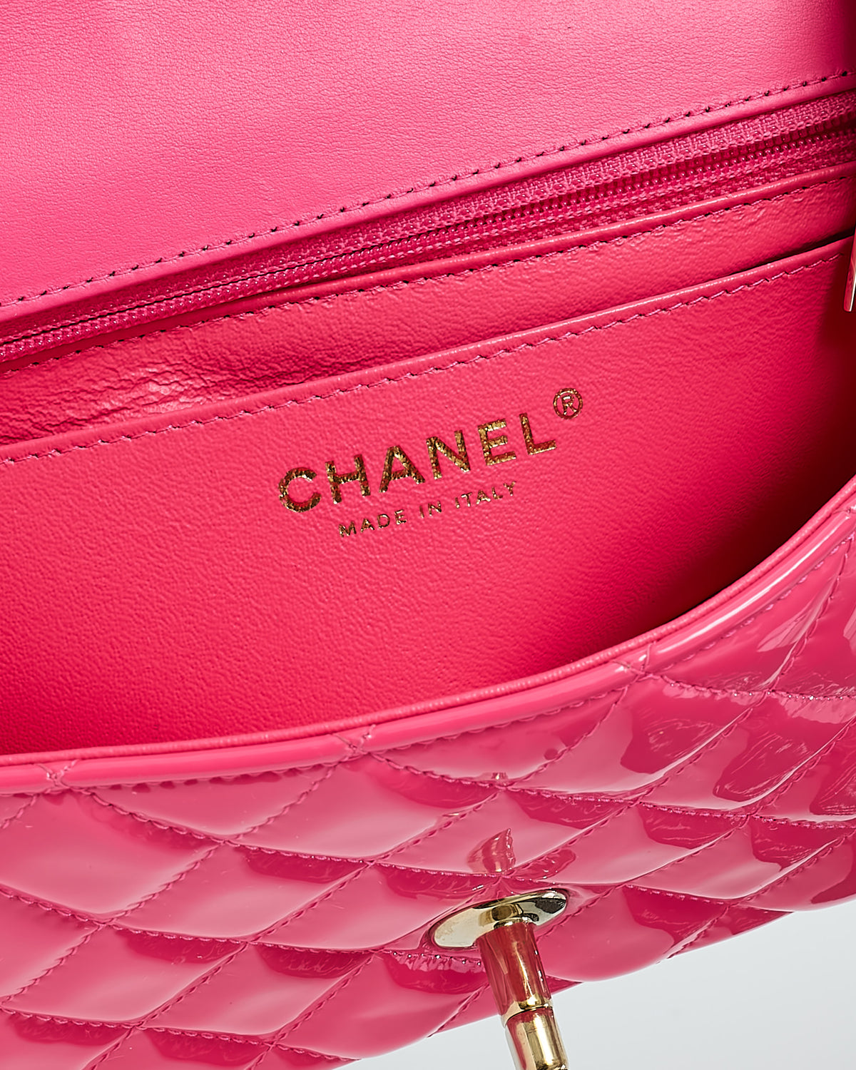 Chanel Pink Quilted Patent Leather Rectangular Mini Flap Bag GHW