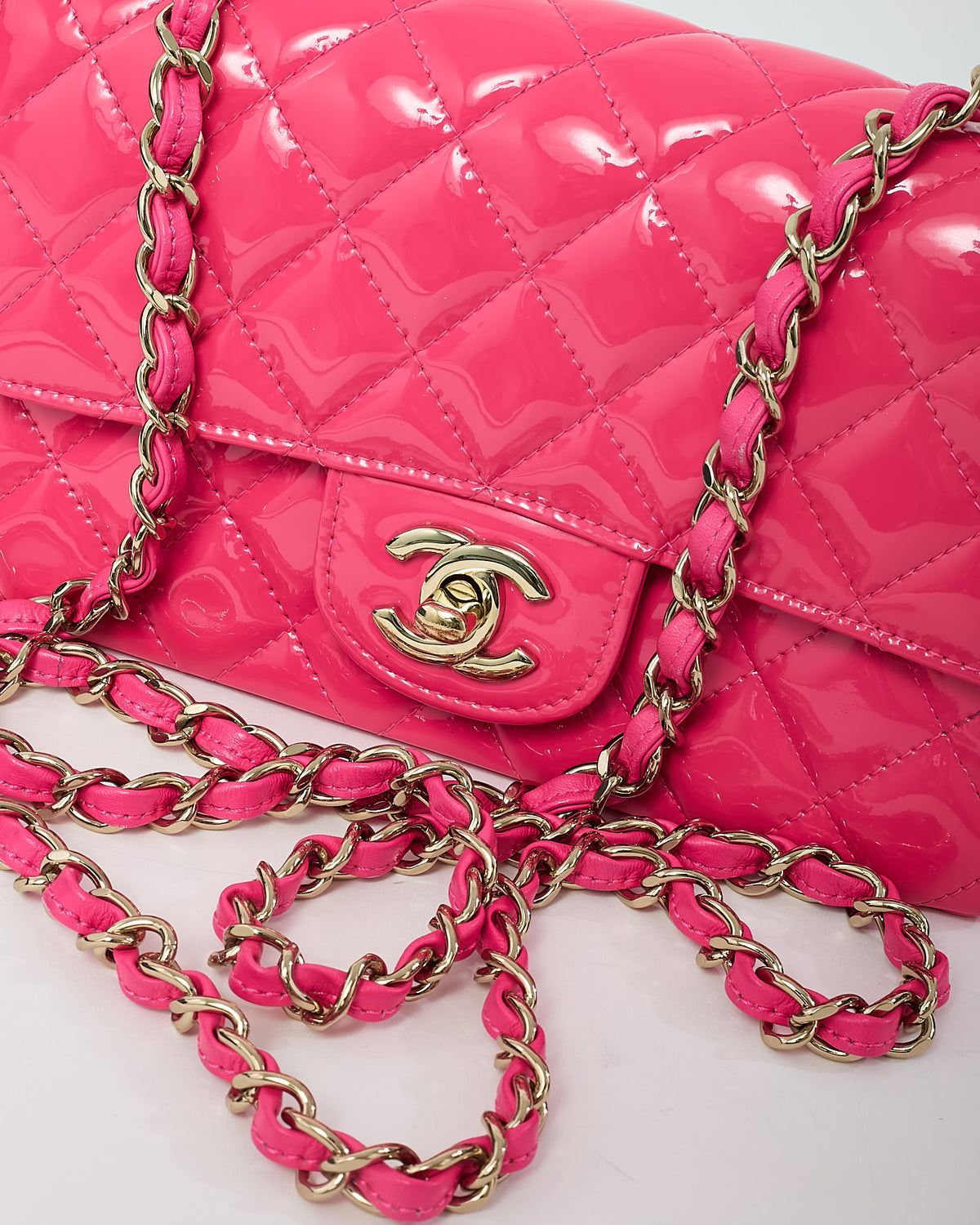 Chanel Pink Quilted Patent Leather Rectangular Mini Flap Bag GHW