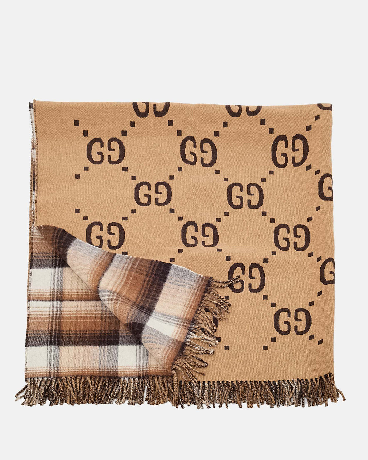 Gucci Brown/Beige/Cream Check and Jumbo GG Monogram Logo Reversible Throw Blanket