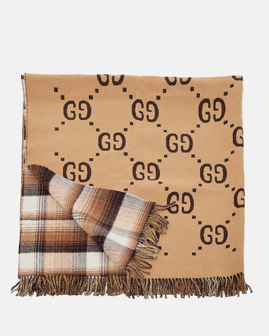 Gucci Brown/Beige/Cream Check and Jumbo GG Monogram Logo Reversible Throw Blanket