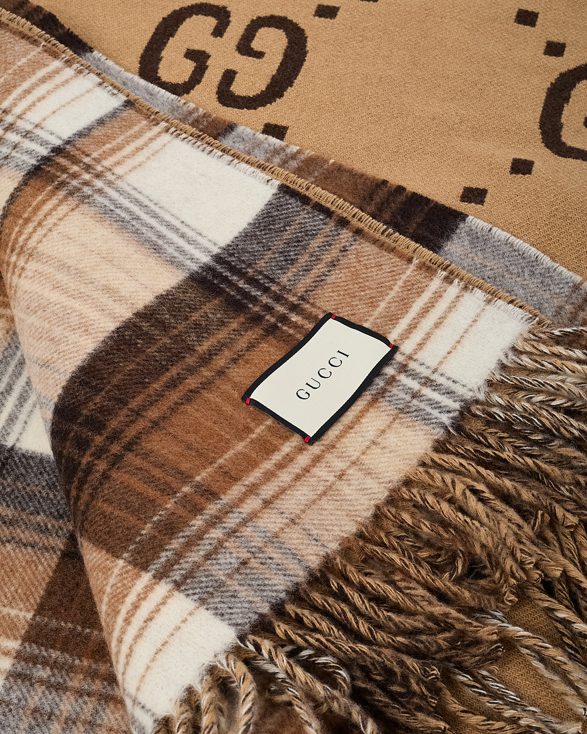Gucci Brown/Beige/Cream Check and Jumbo GG Monogram Logo Reversible Throw Blanket
