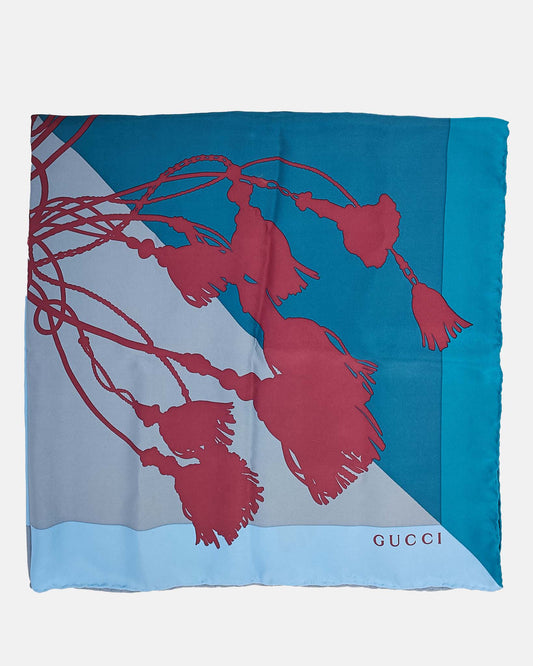 Gucci Blue/Grey/Red/Orange Tassel and Rope Motif 90cm Silk Scarf
