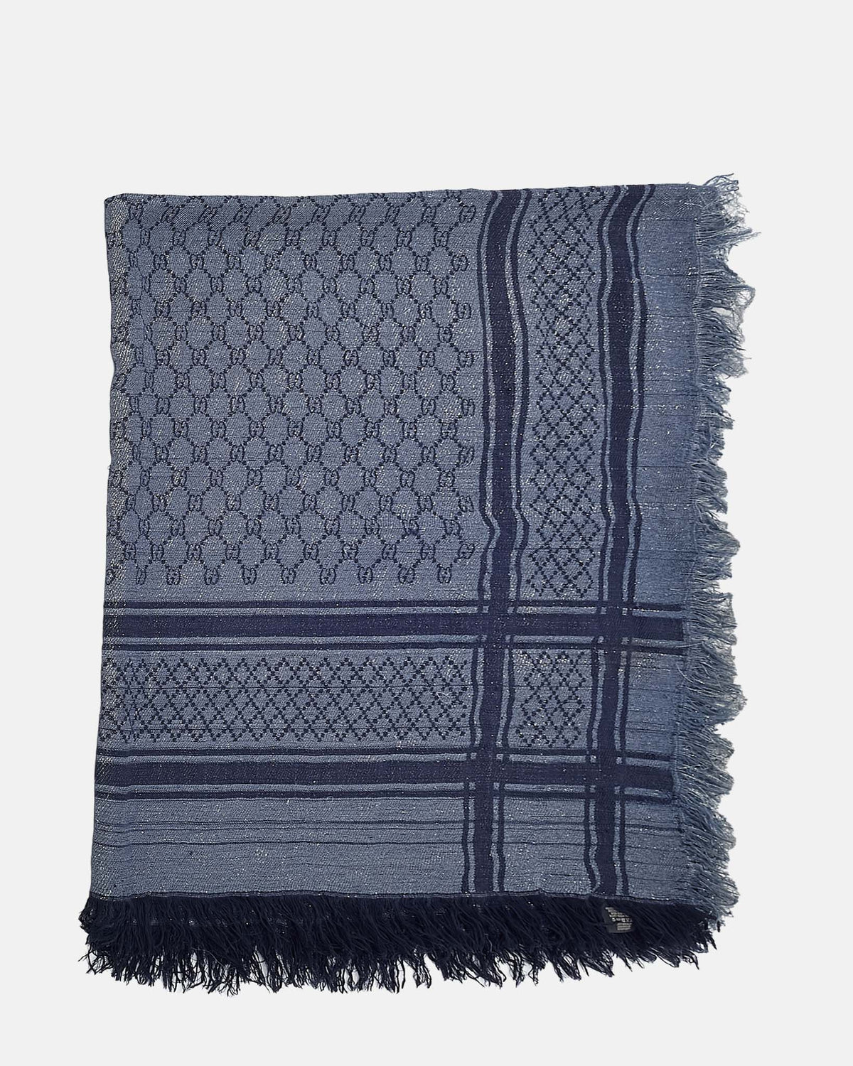 Gucci Grey and Blue Reversible GG Monogram Sparkle Wool Knit Scarf