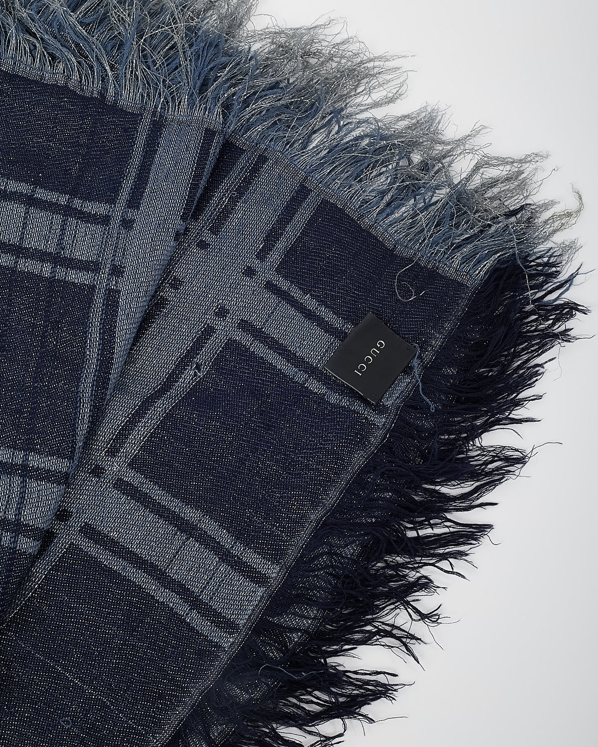 Gucci Grey and Blue Reversible GG Monogram Sparkle Wool Knit Scarf