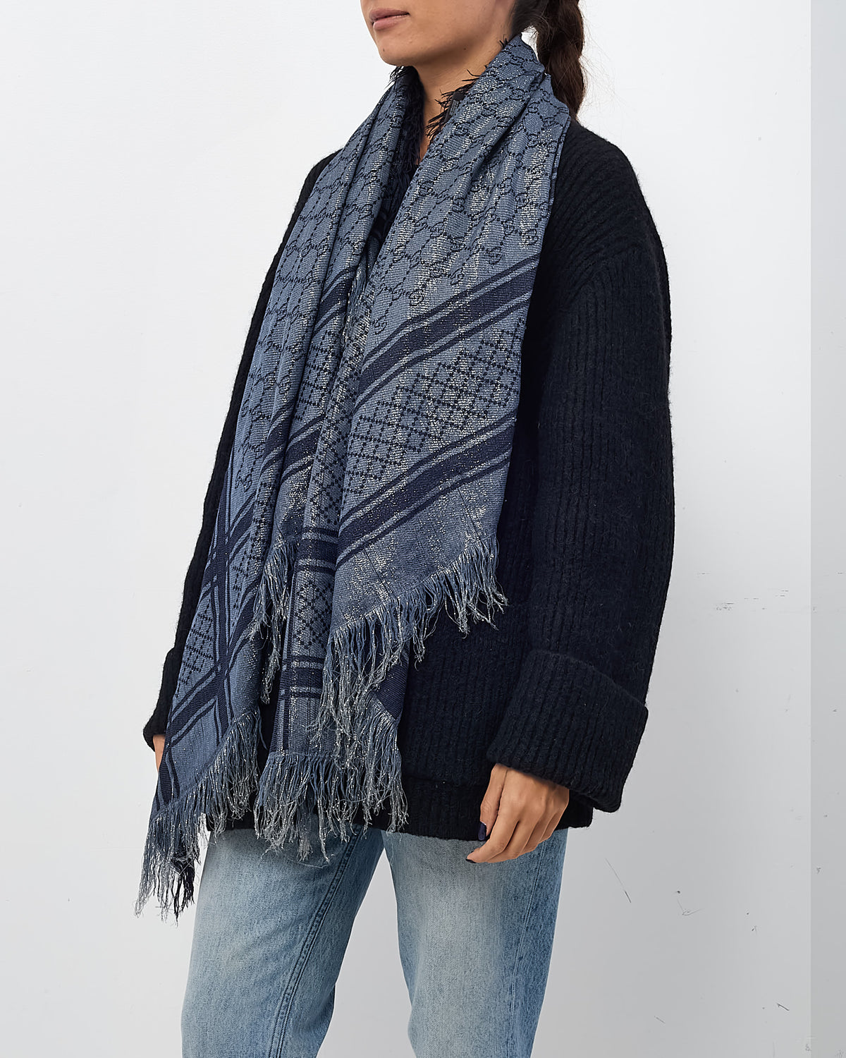 Gucci Grey and Blue Reversible GG Monogram Sparkle Wool Knit Scarf