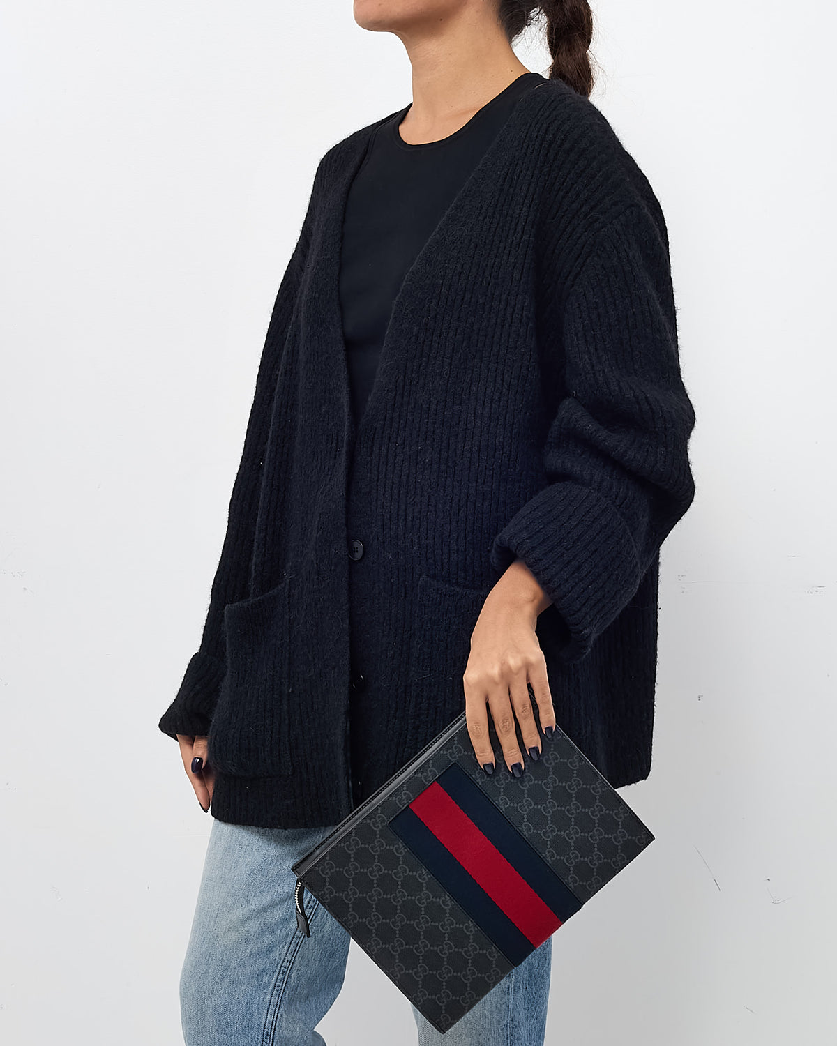 Gucci Black GG Supreme Monogram Coated Canvas Web Zip Clutch Bag