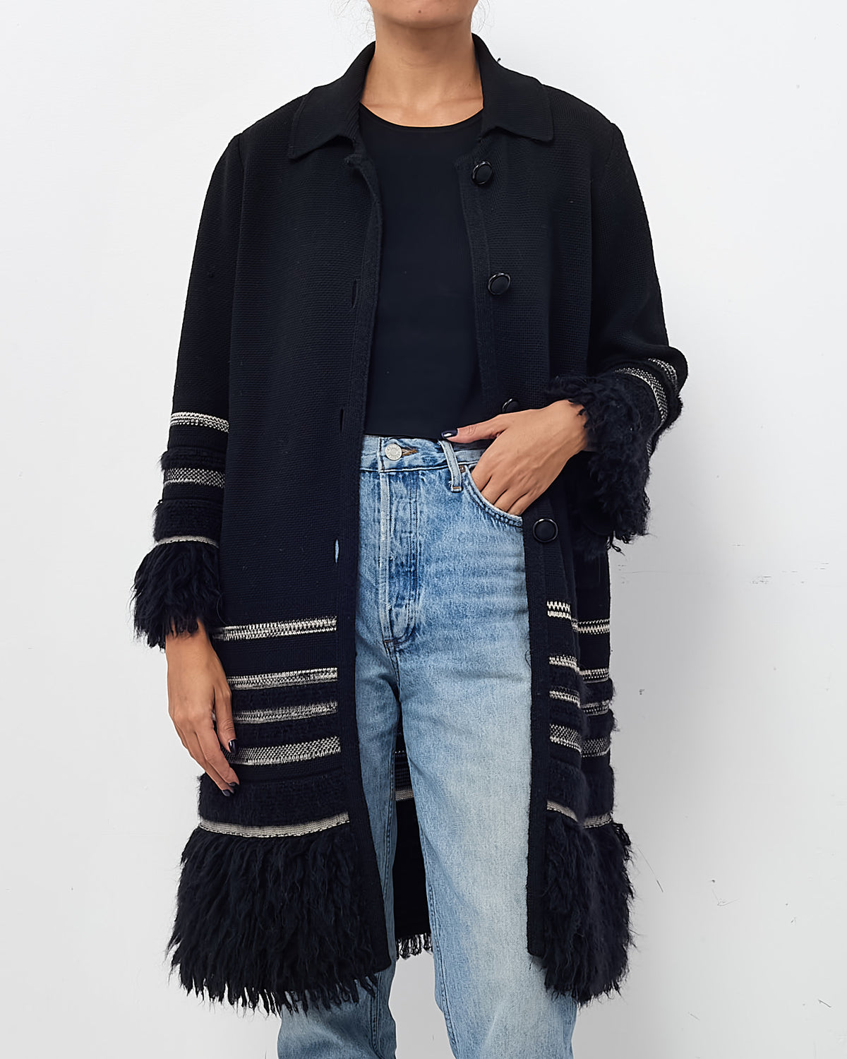 Missoni M Collection Black/Grey/White Wool and Mohair Striped Sweater Coat - US 8