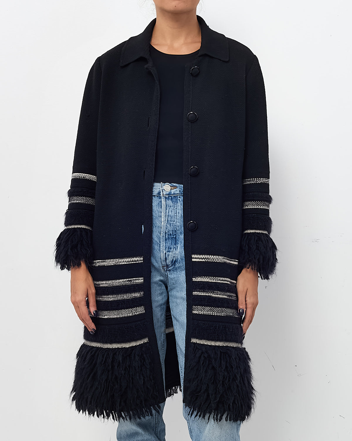 Missoni M Collection Black/Grey/White Wool and Mohair Striped Sweater Coat - US 8