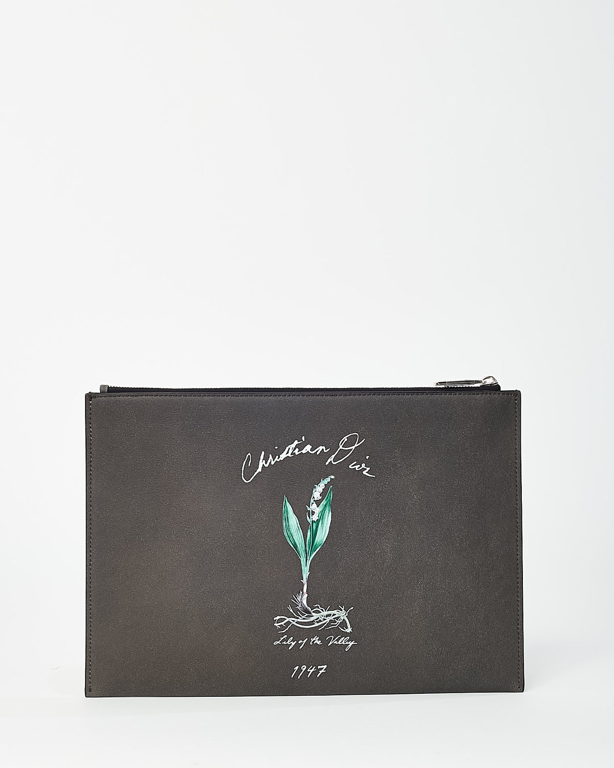 Dior Dark Grey Calfskin Leather 1947 Lily of The Valley Zip Pouch