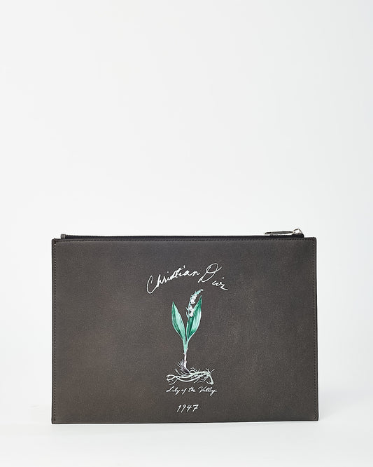 Dior Dark Grey Calfskin Leather 1947 Lily of The Valley Zip Pouch