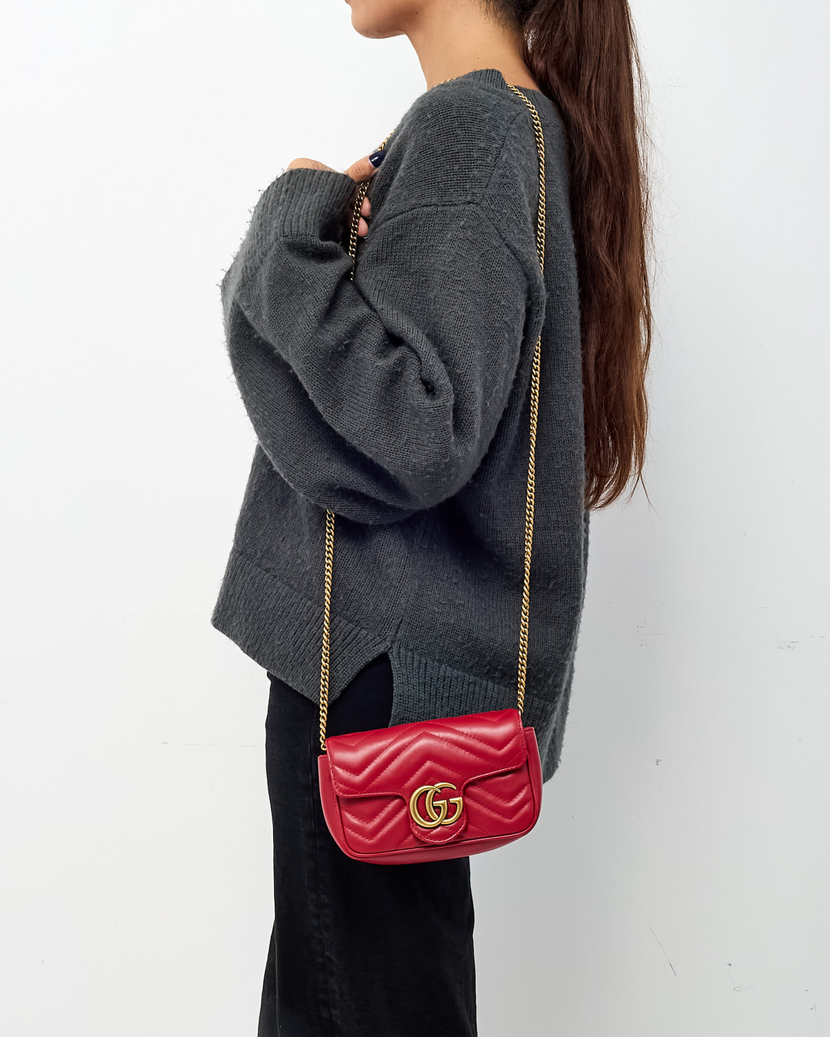 Gucci Red Matelassé Chevron Leather GG Marmont Super Mini Shoulder Bag