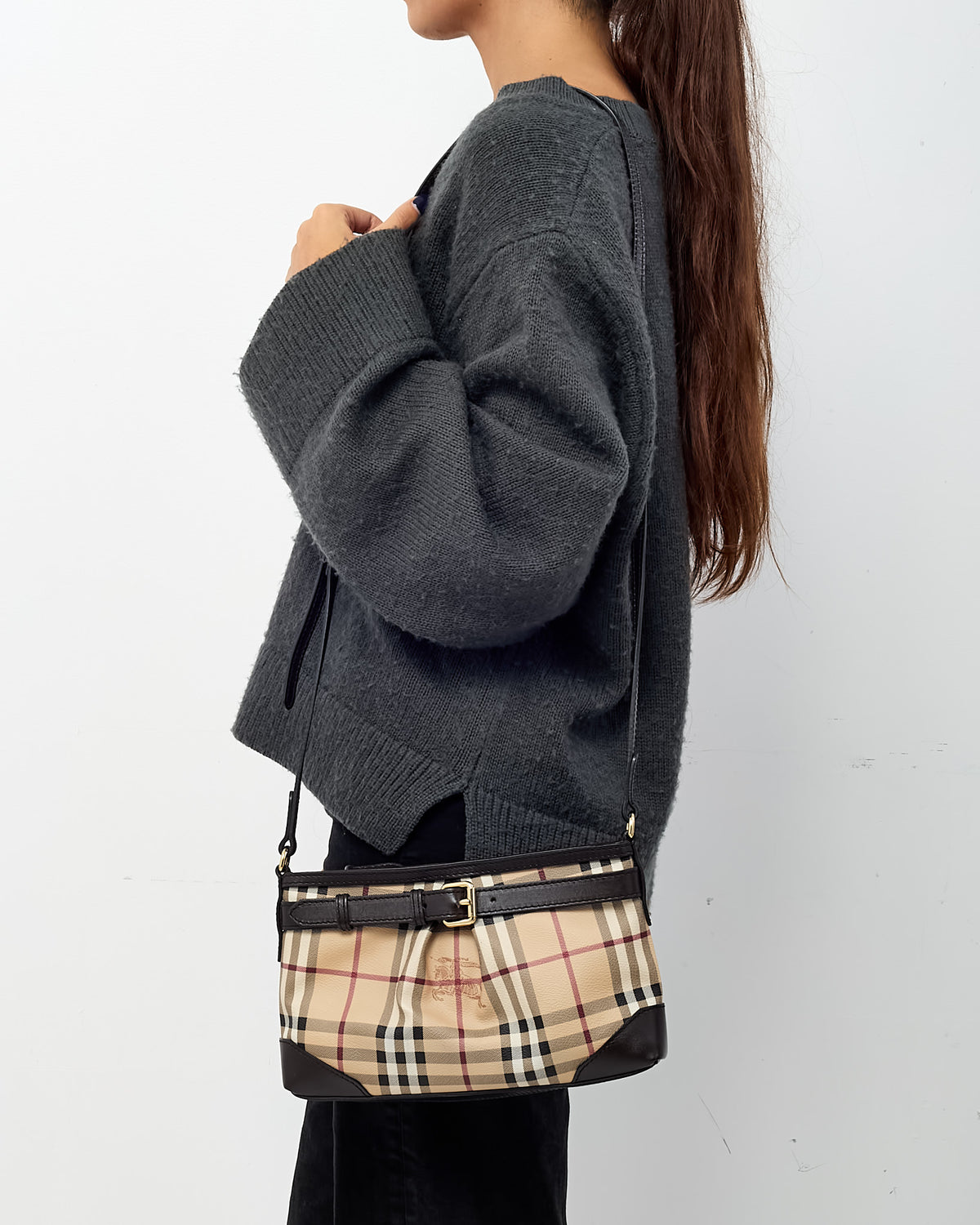 Burberry Brown Leather and Beige Haymarket Check Coated Canvas Smithfield Crossbody Bag