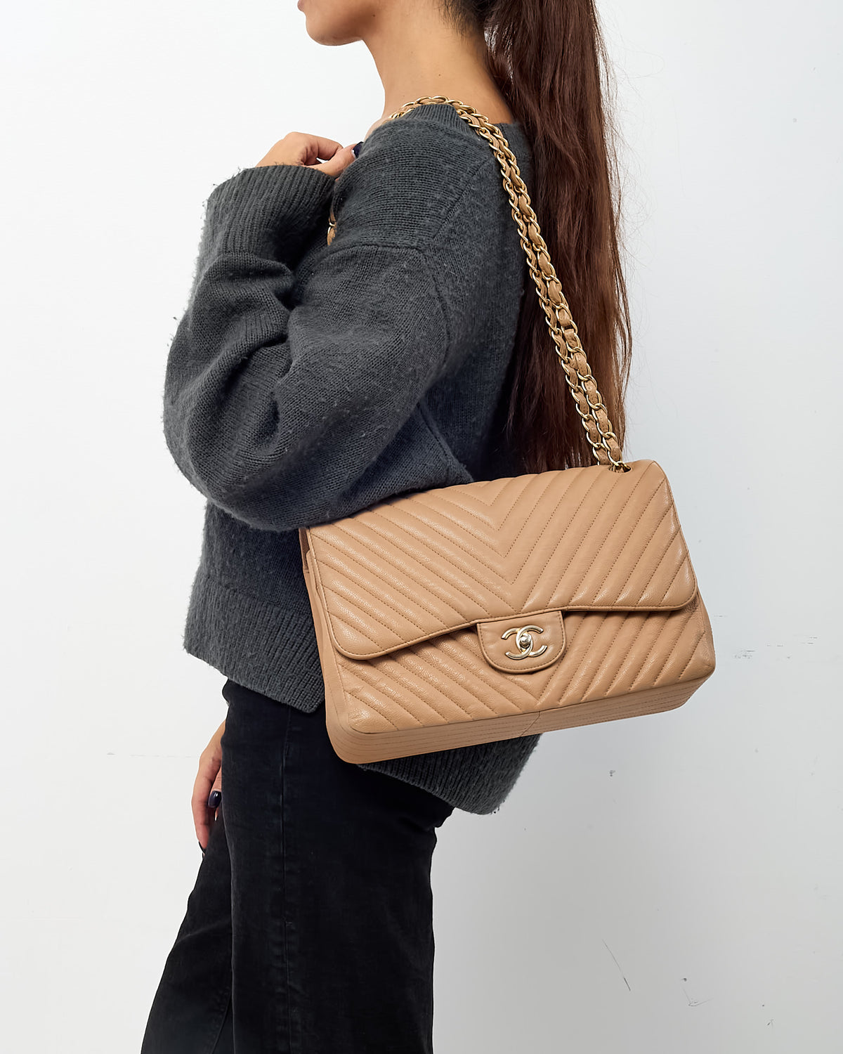 Chanel Dark Beige Chevron Quilted Calfskin Leather Jumbo Double Flap Bag GHW