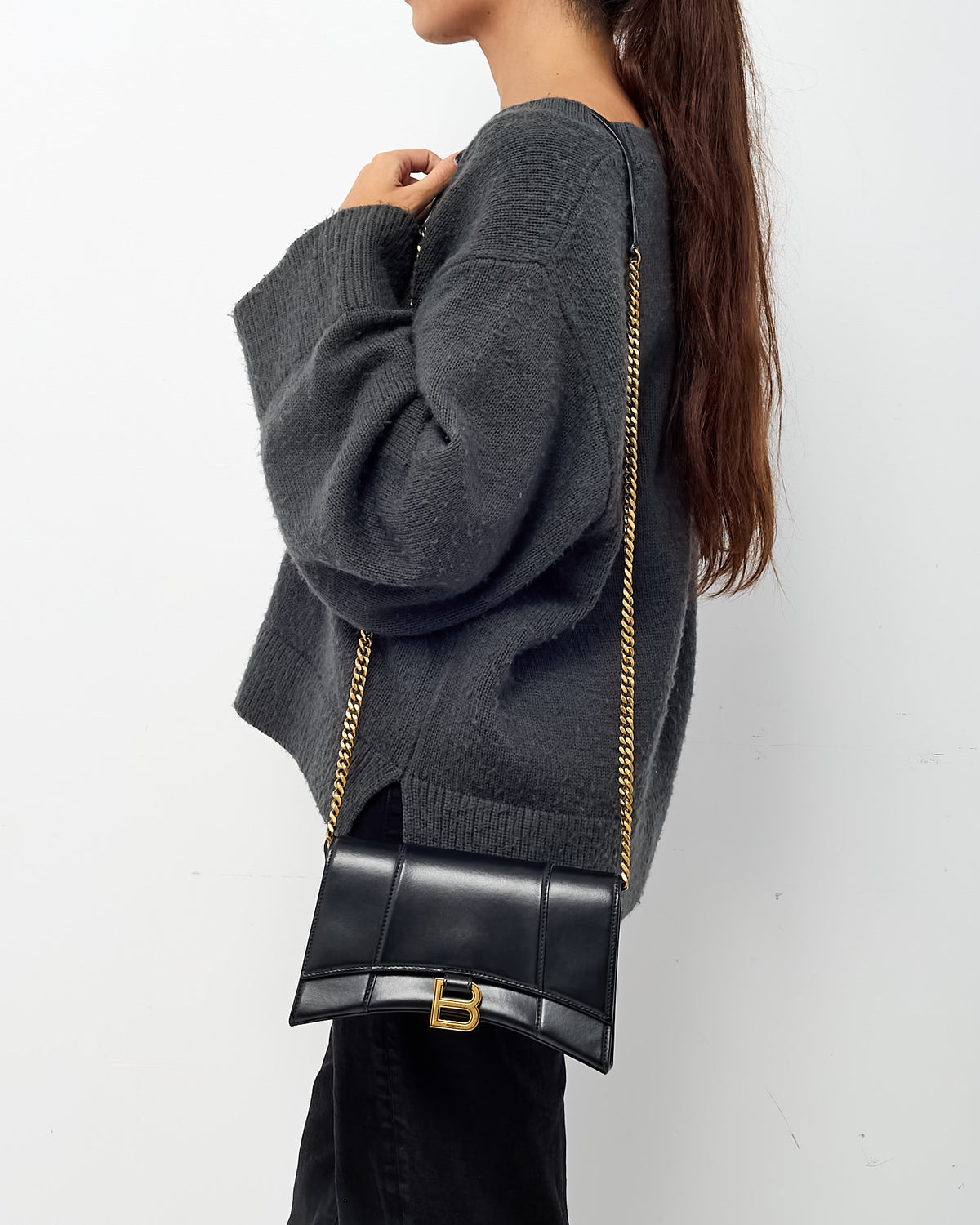 Balenciaga Black Shiny Box Calf Leather Hourglass WOC Wallet on Chain Crossbody Bag