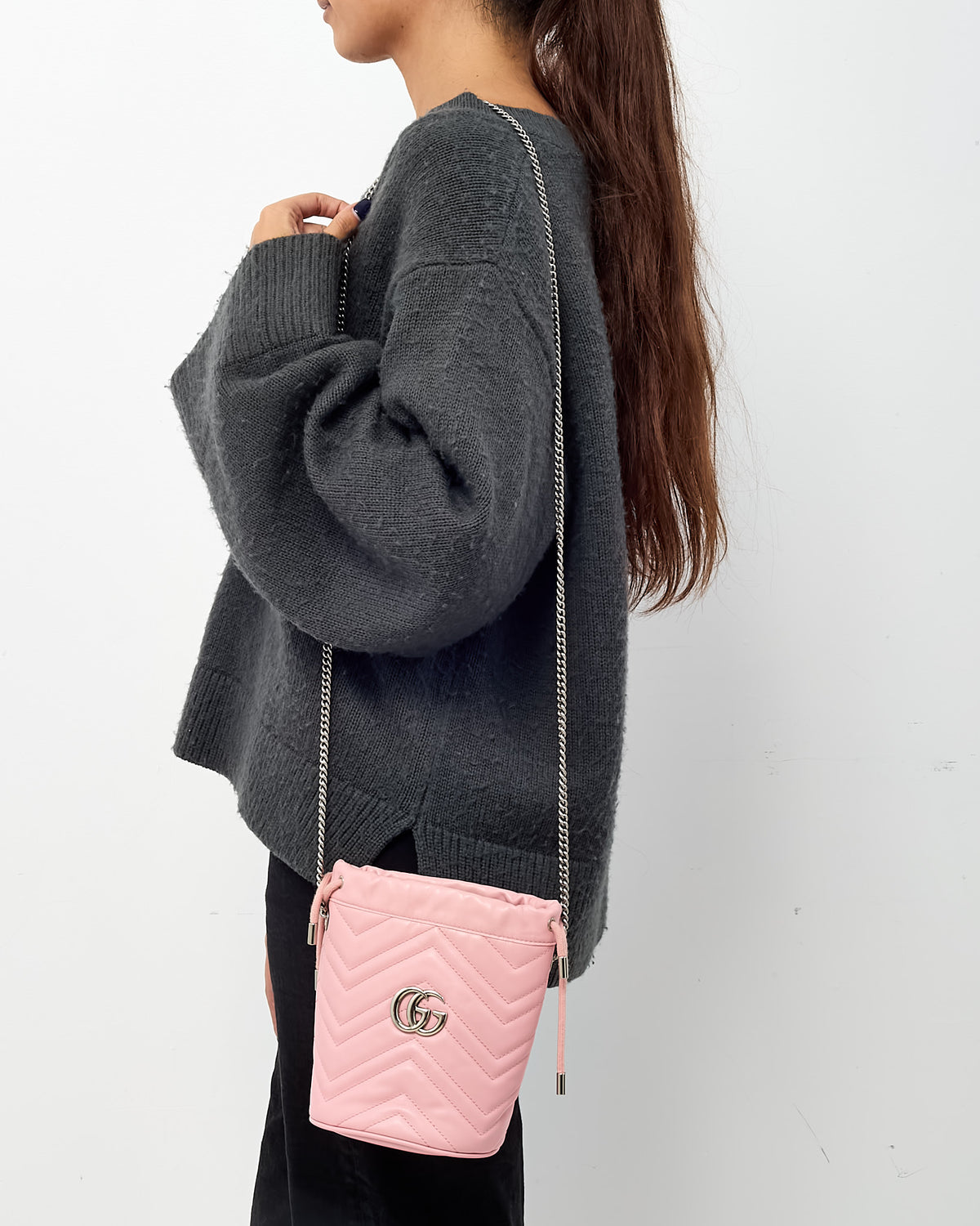 Gucci Pink Matelassé Leather Mini GG Marmont 2.0 Bucket Bag GHW
