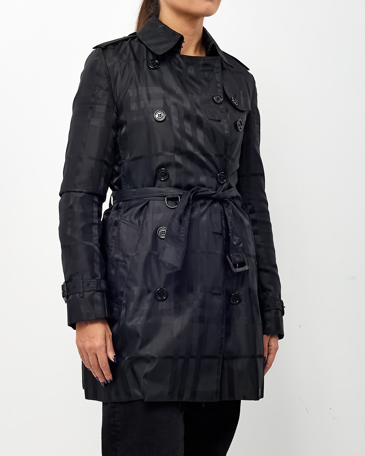 Burberry Navy and Black Nova Check Double Breasted Belted Nylon Trench Coat - US 2
