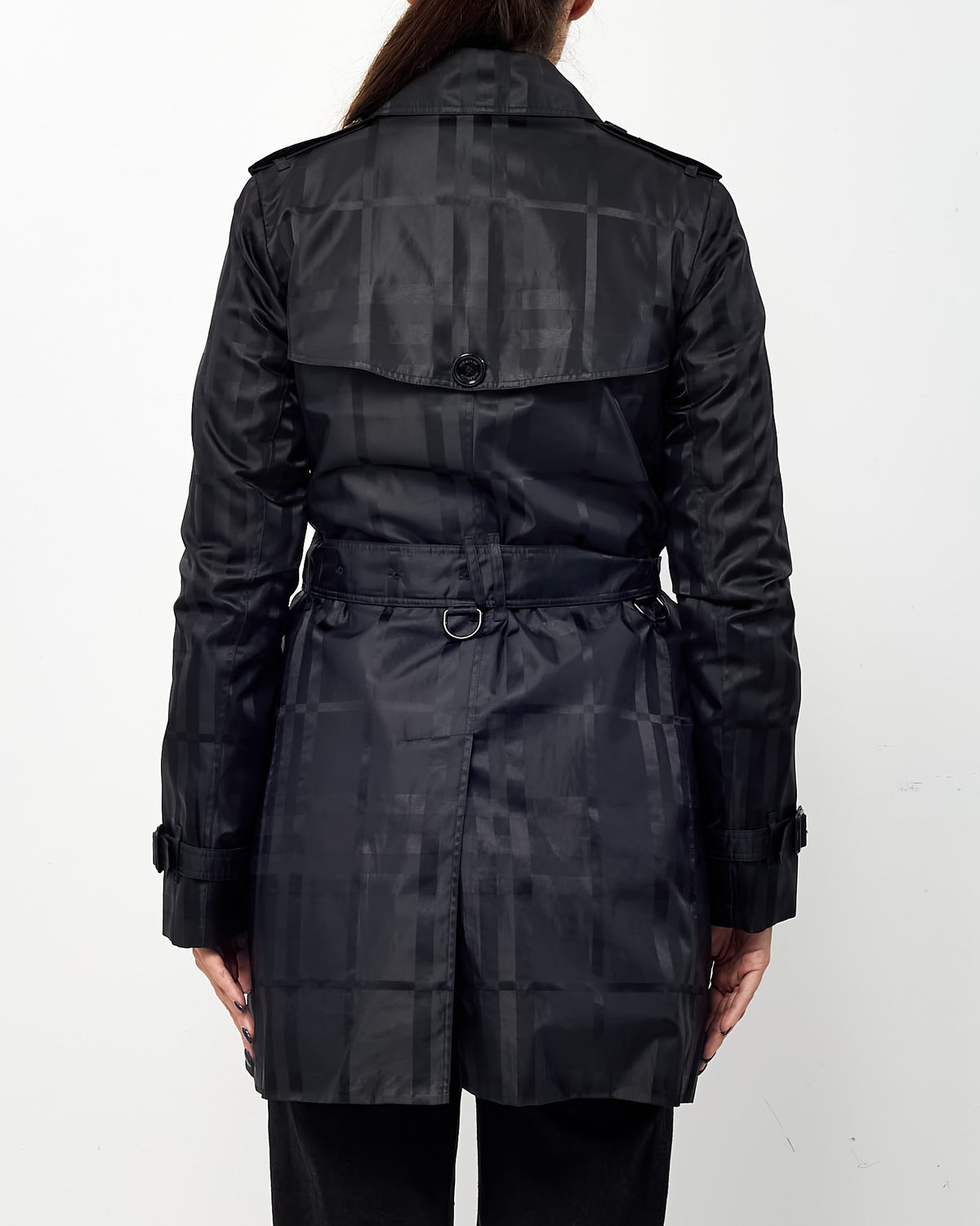 Burberry Navy and Black Nova Check Double Breasted Belted Nylon Trench Coat - US 2