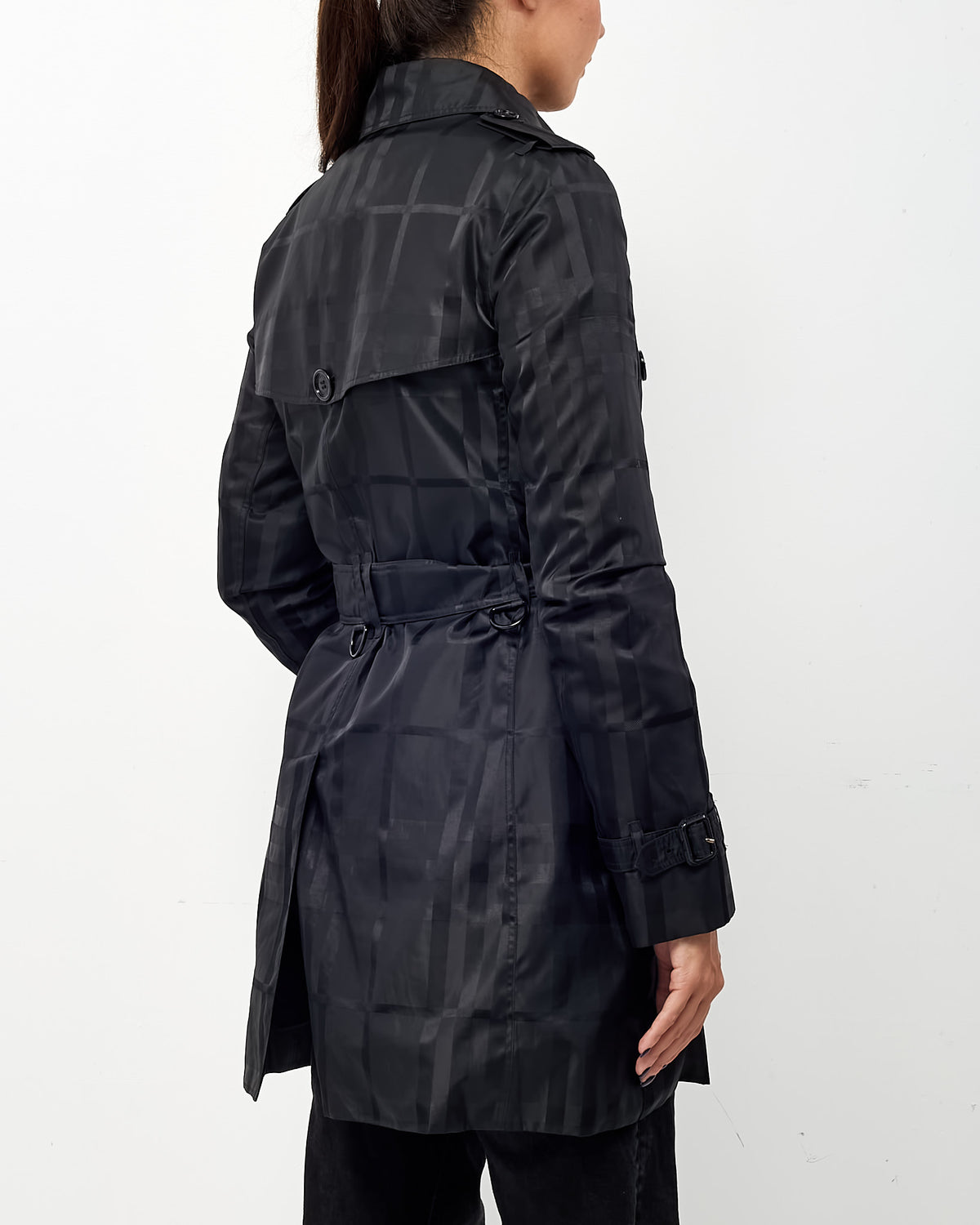 Burberry Navy and Black Nova Check Double Breasted Belted Nylon Trench Coat - US 2