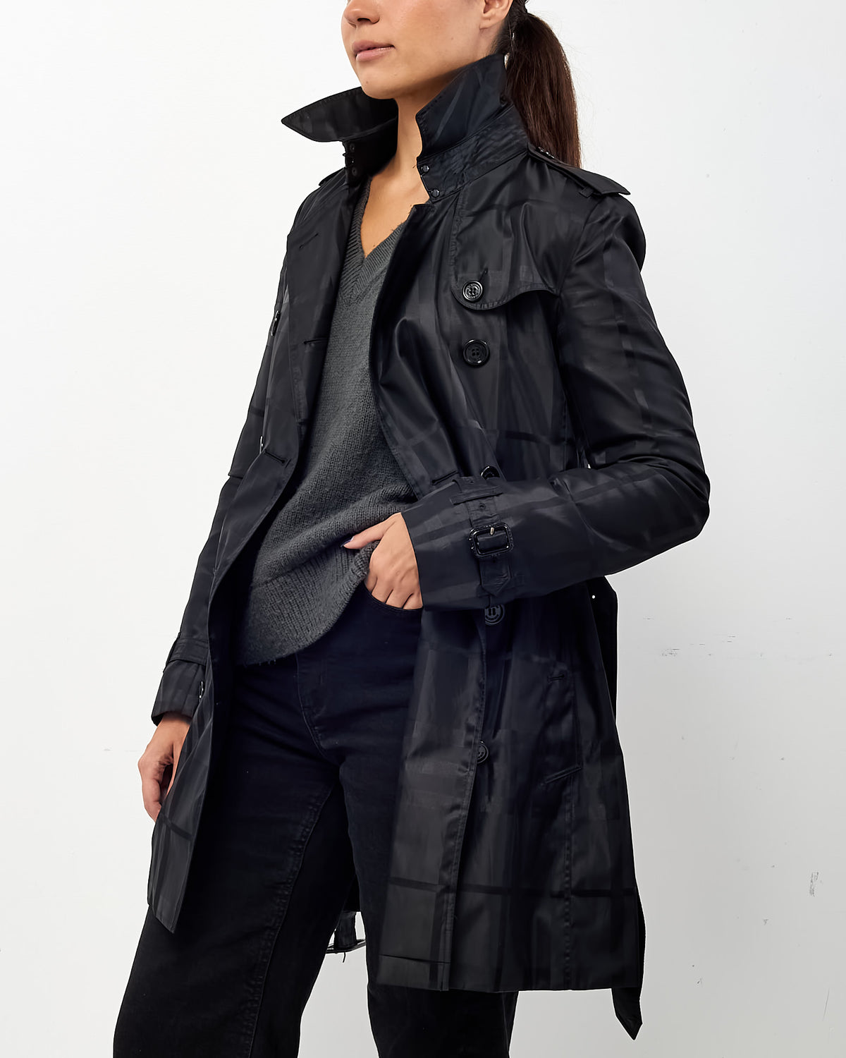 Burberry Navy and Black Nova Check Double Breasted Belted Nylon Trench Coat - US 2
