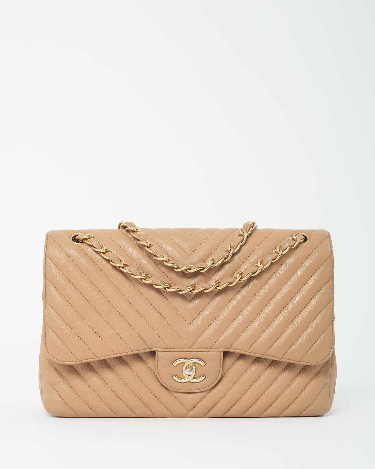 Chanel Dark Beige Chevron Quilted Calfskin Leather Jumbo Double Flap Bag GHW