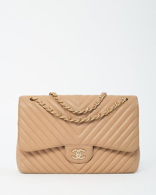 Chanel Dark Beige Chevron Quilted Calfskin Leather Jumbo Double Flap Bag GHW