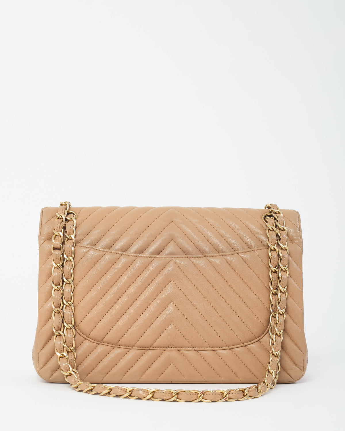 Chanel Dark Beige Chevron Quilted Calfskin Leather Jumbo Double Flap Bag GHW