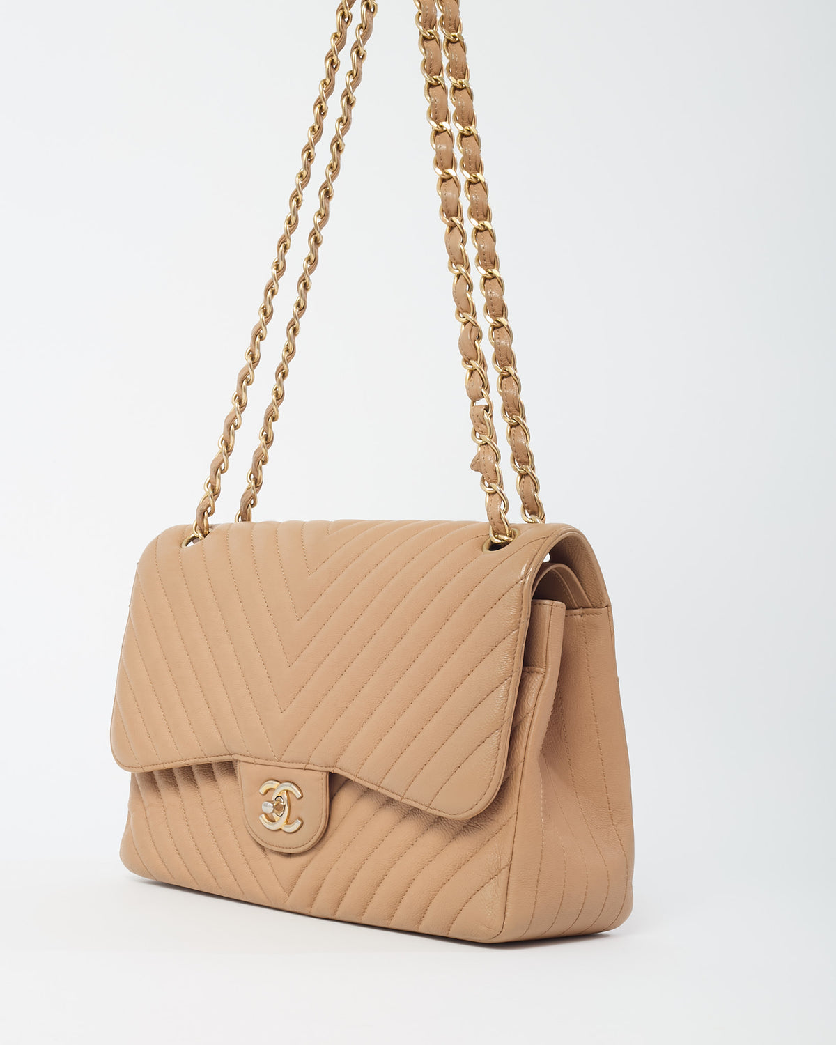 Chanel Dark Beige Chevron Quilted Calfskin Leather Jumbo Double Flap Bag GHW