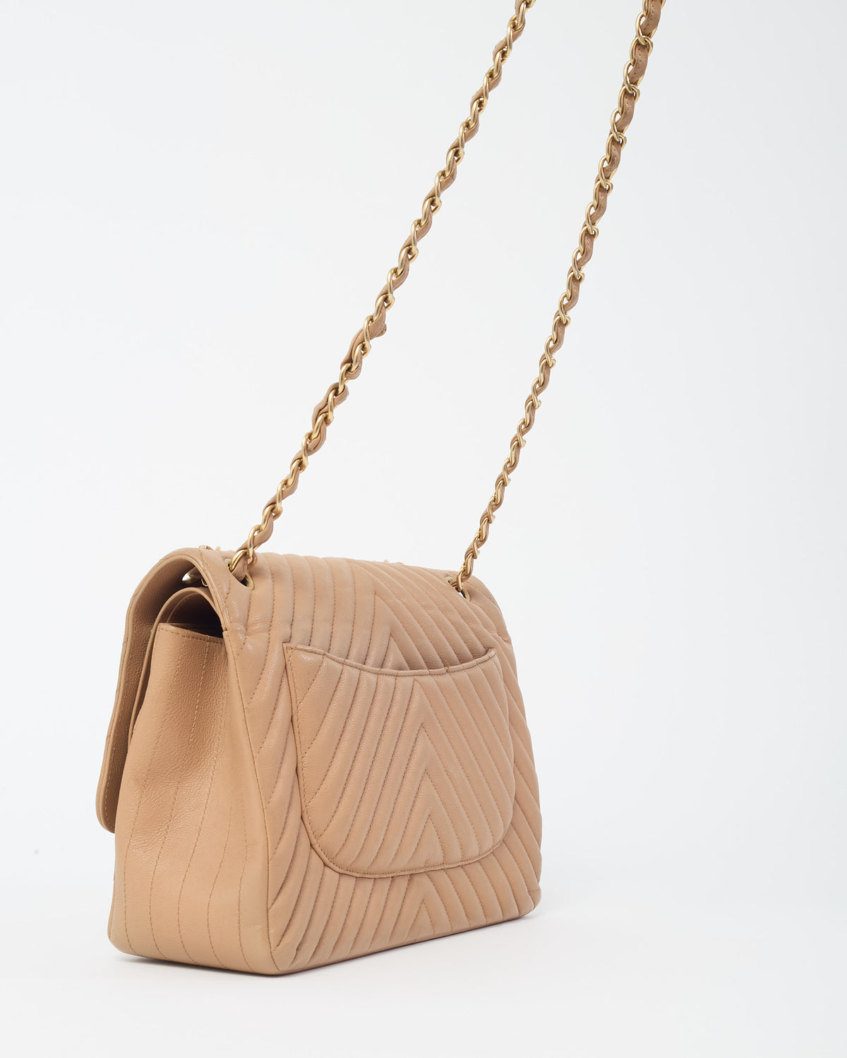 Chanel Dark Beige Chevron Quilted Calfskin Leather Jumbo Double Flap Bag GHW