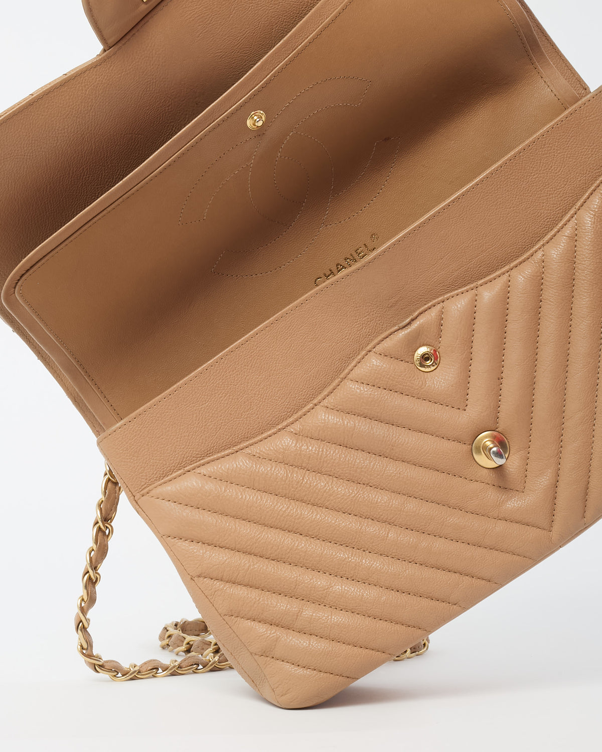 Chanel Dark Beige Chevron Quilted Calfskin Leather Jumbo Double Flap Bag GHW