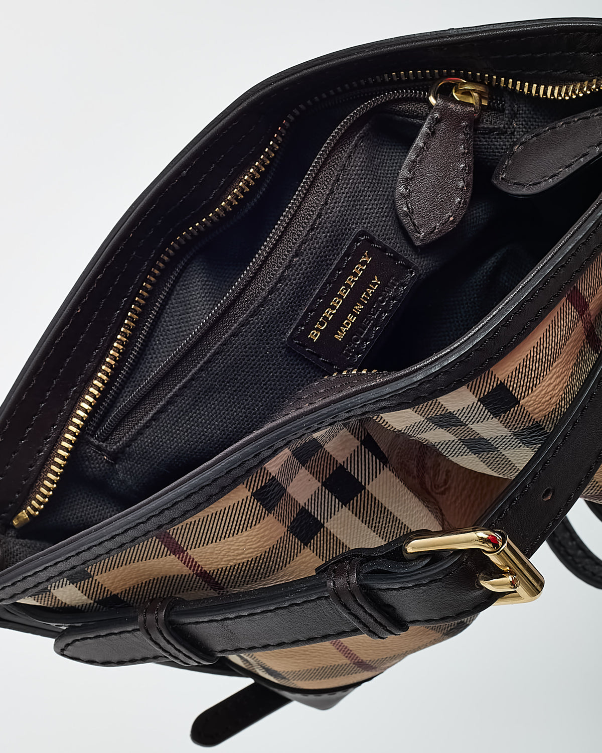 Burberry Brown Leather and Beige Haymarket Check Coated Canvas Smithfield Crossbody Bag
