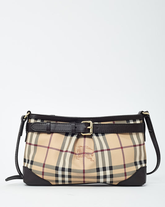 Burberry Brown Leather and Beige Haymarket Check Coated Canvas Smithfield Crossbody Bag