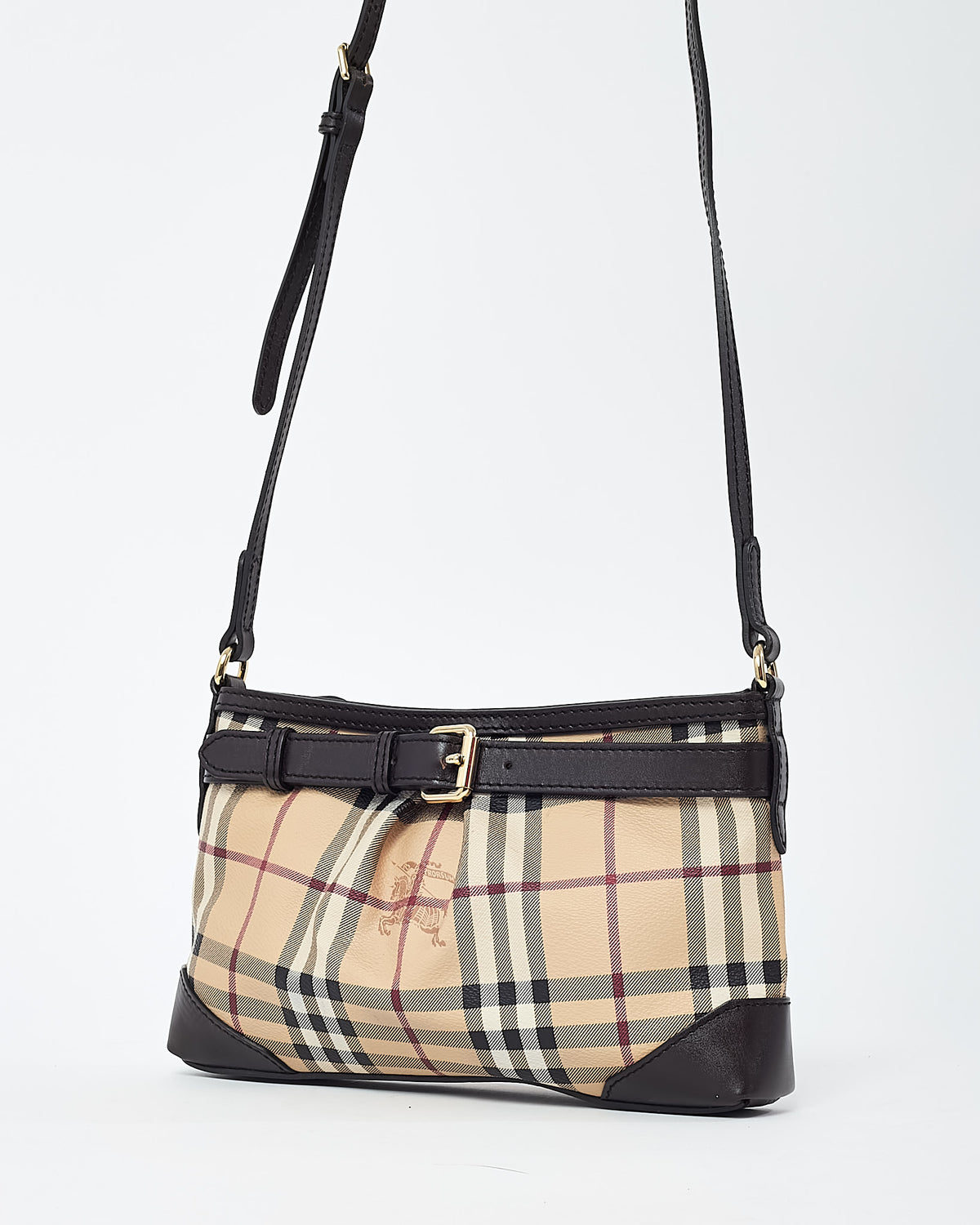 Burberry Brown Leather and Beige Haymarket Check Coated Canvas Smithfield Crossbody Bag