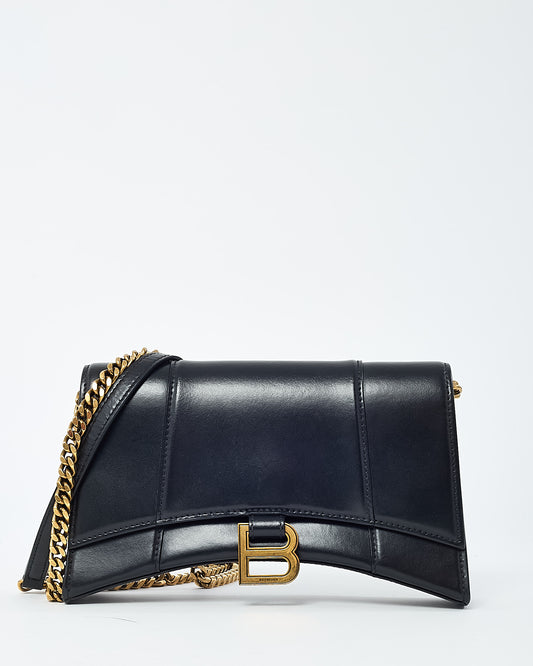 Balenciaga Black Shiny Box Calf Leather Hourglass WOC Wallet on Chain Crossbody Bag