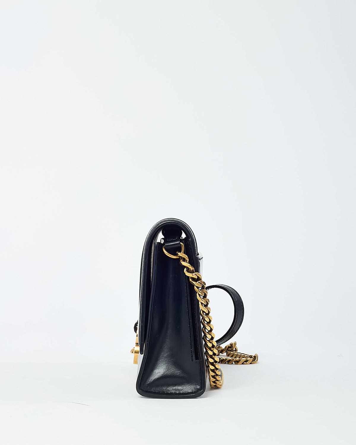 Balenciaga Black Shiny Box Calf Leather Hourglass WOC Wallet on Chain Crossbody Bag