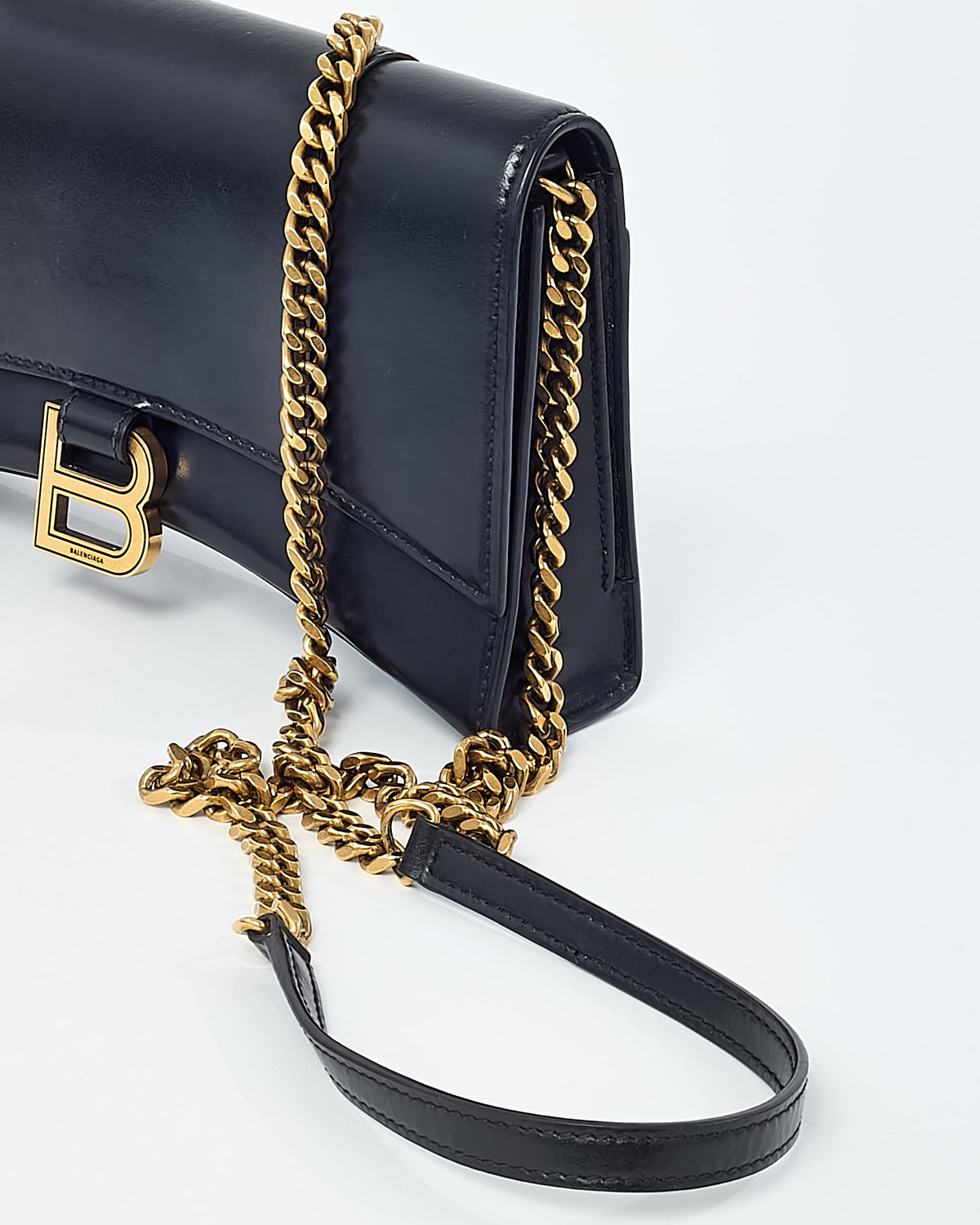 Balenciaga Black Shiny Box Calf Leather Hourglass WOC Wallet on Chain Crossbody Bag