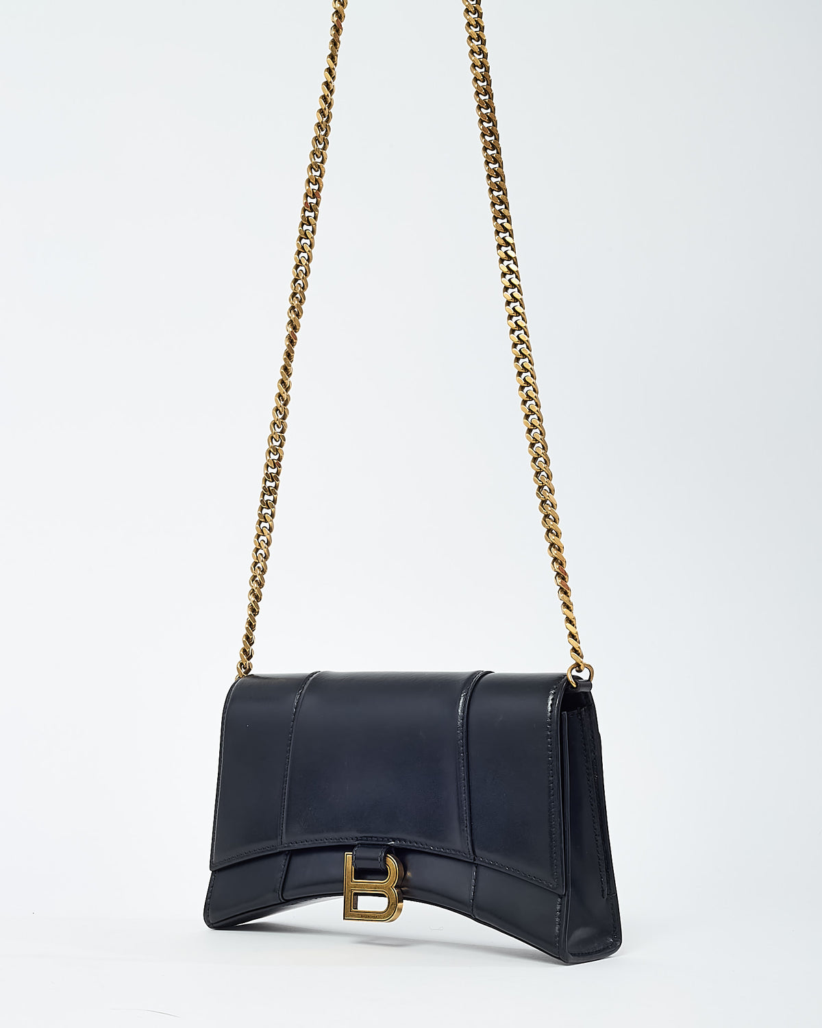 Balenciaga Black Shiny Box Calf Leather Hourglass WOC Wallet on Chain Crossbody Bag