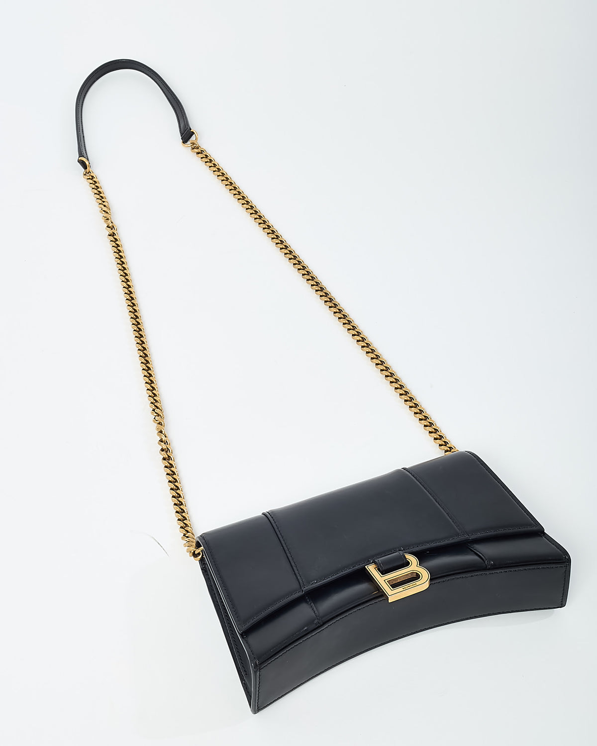 Balenciaga Black Shiny Box Calf Leather Hourglass WOC Wallet on Chain Crossbody Bag