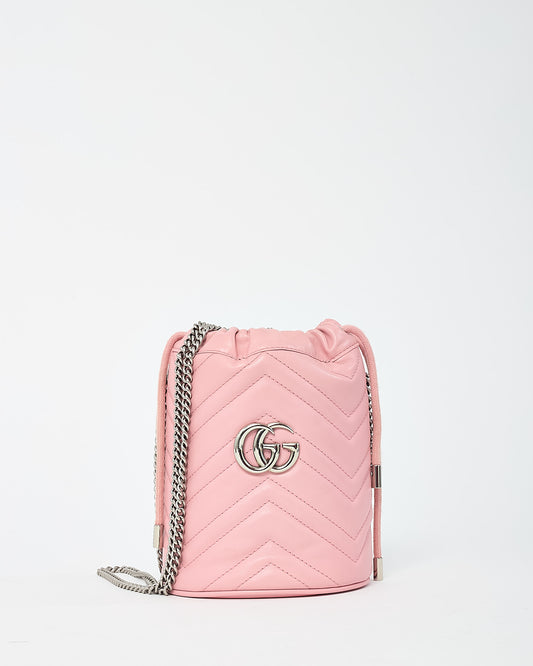 Gucci Pink Matelassé Leather Mini GG Marmont 2.0 Bucket Bag GHW