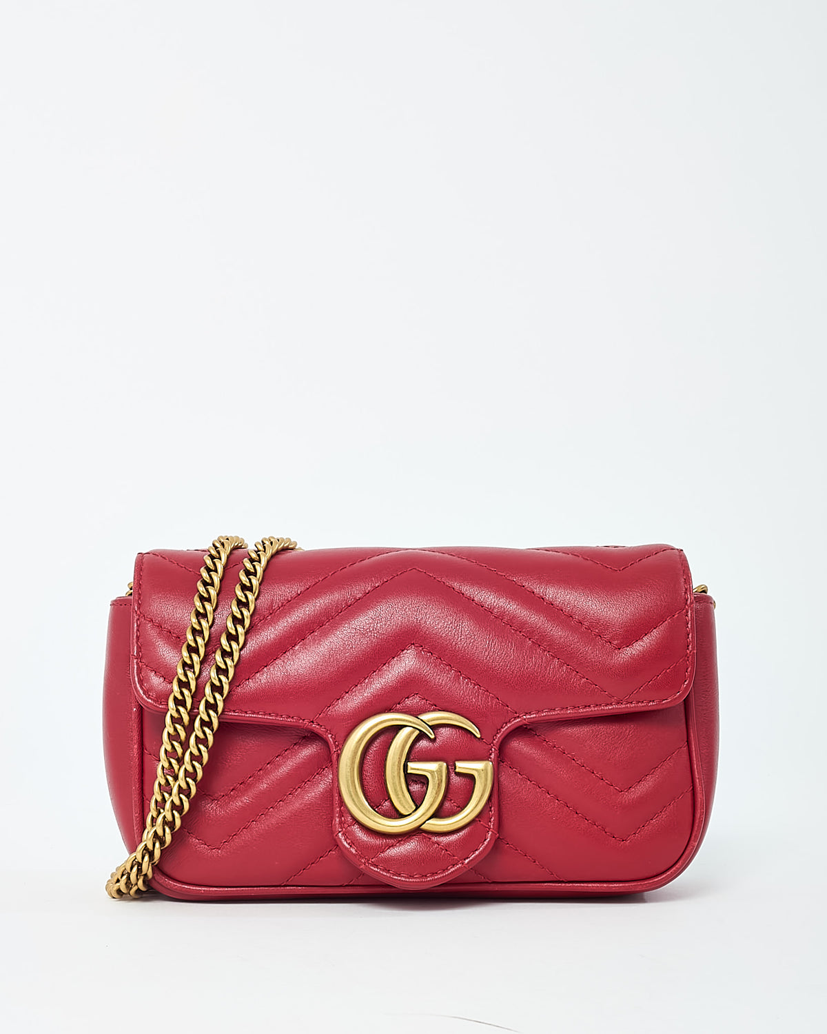 Gucci Red Matelassé Chevron Leather GG Marmont Super Mini Shoulder Bag