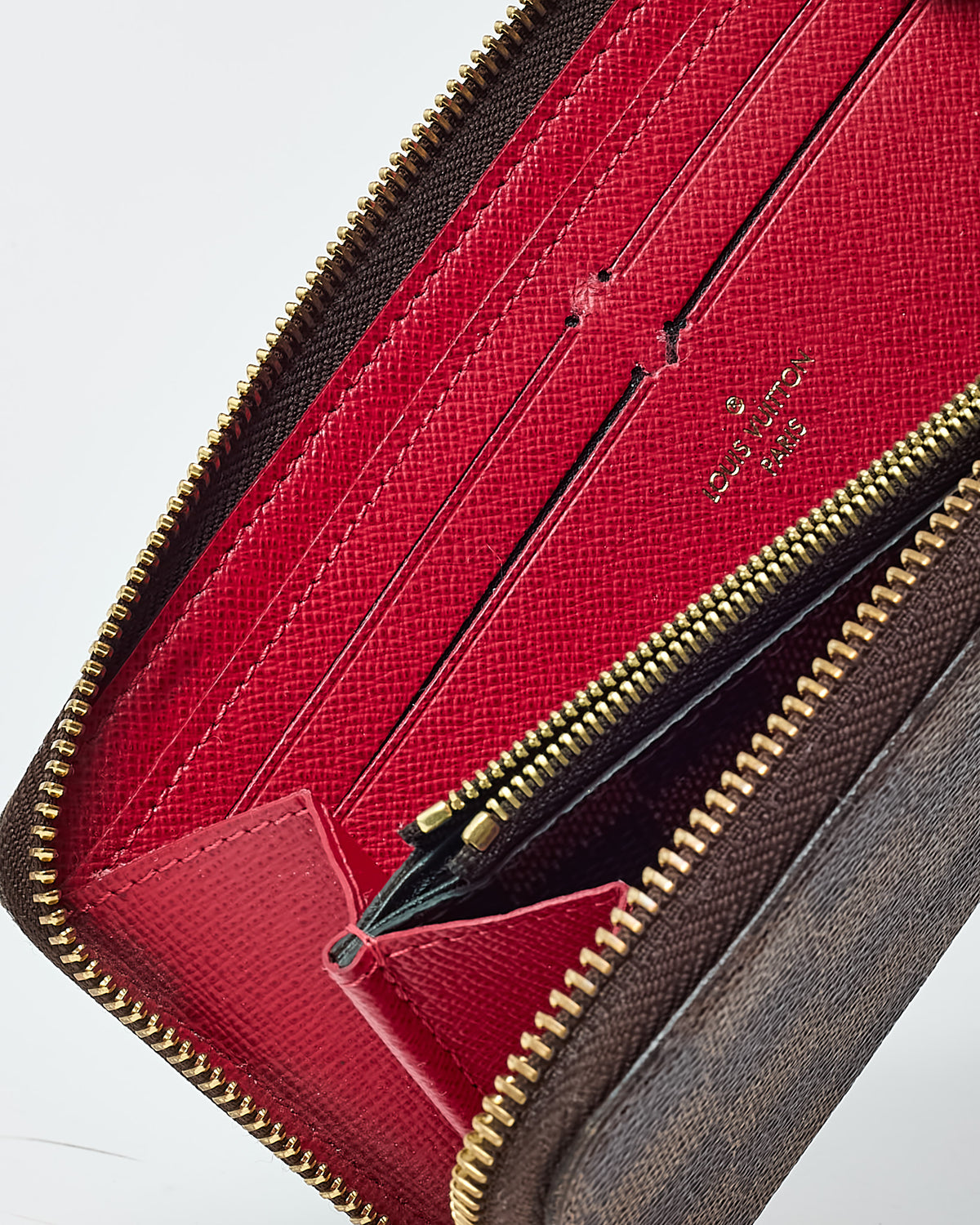 Louis Vuitton Damier Ebene Coated Canvas Red Interior Clemence Wallet