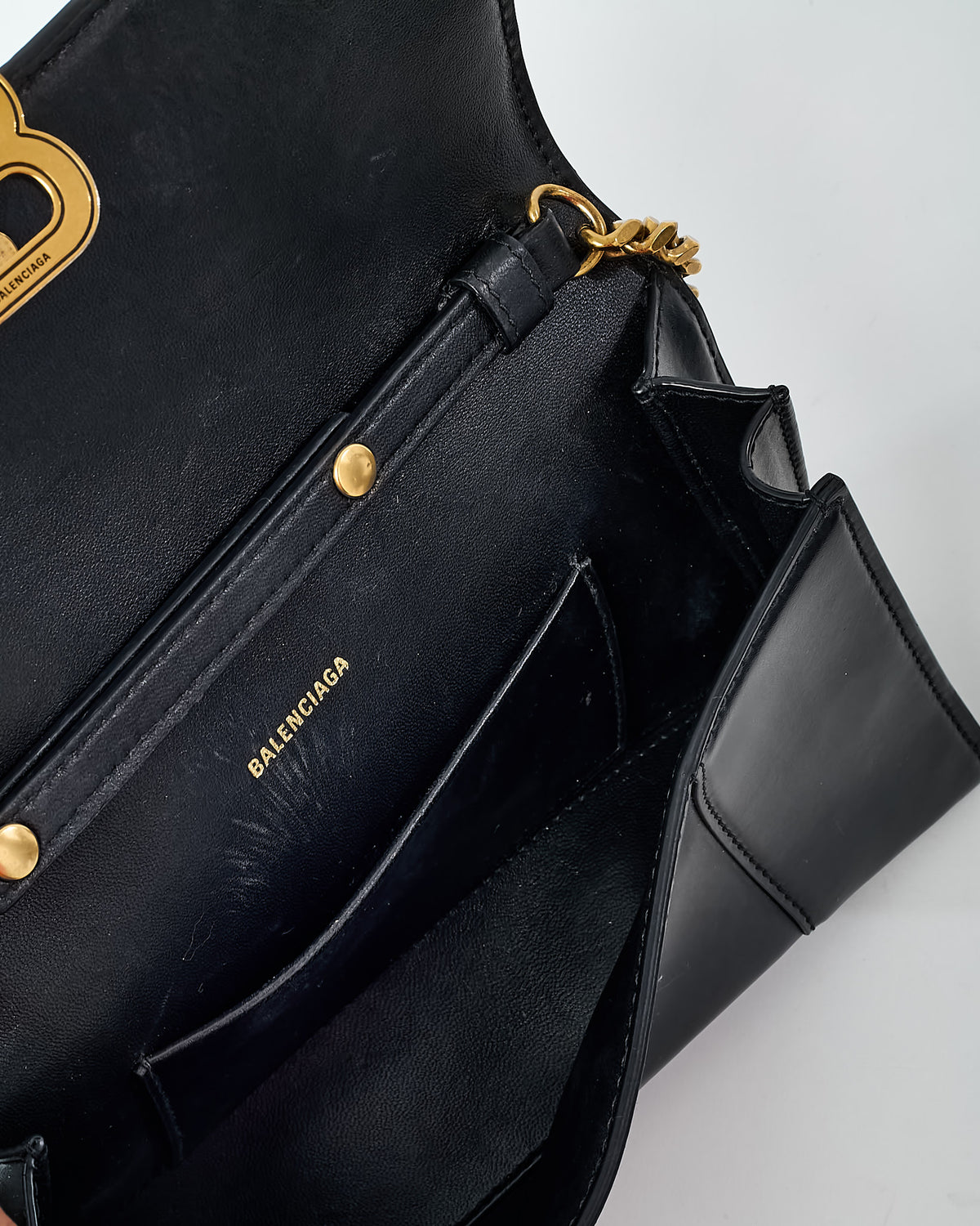 Balenciaga Black Shiny Box Calf Leather Hourglass WOC Wallet on Chain Crossbody Bag