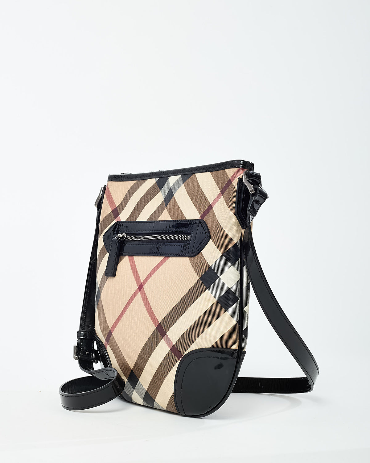 Burberry Beige Nova Check Coated Canvas Black Patent Trim Dryden Crossbody Bag