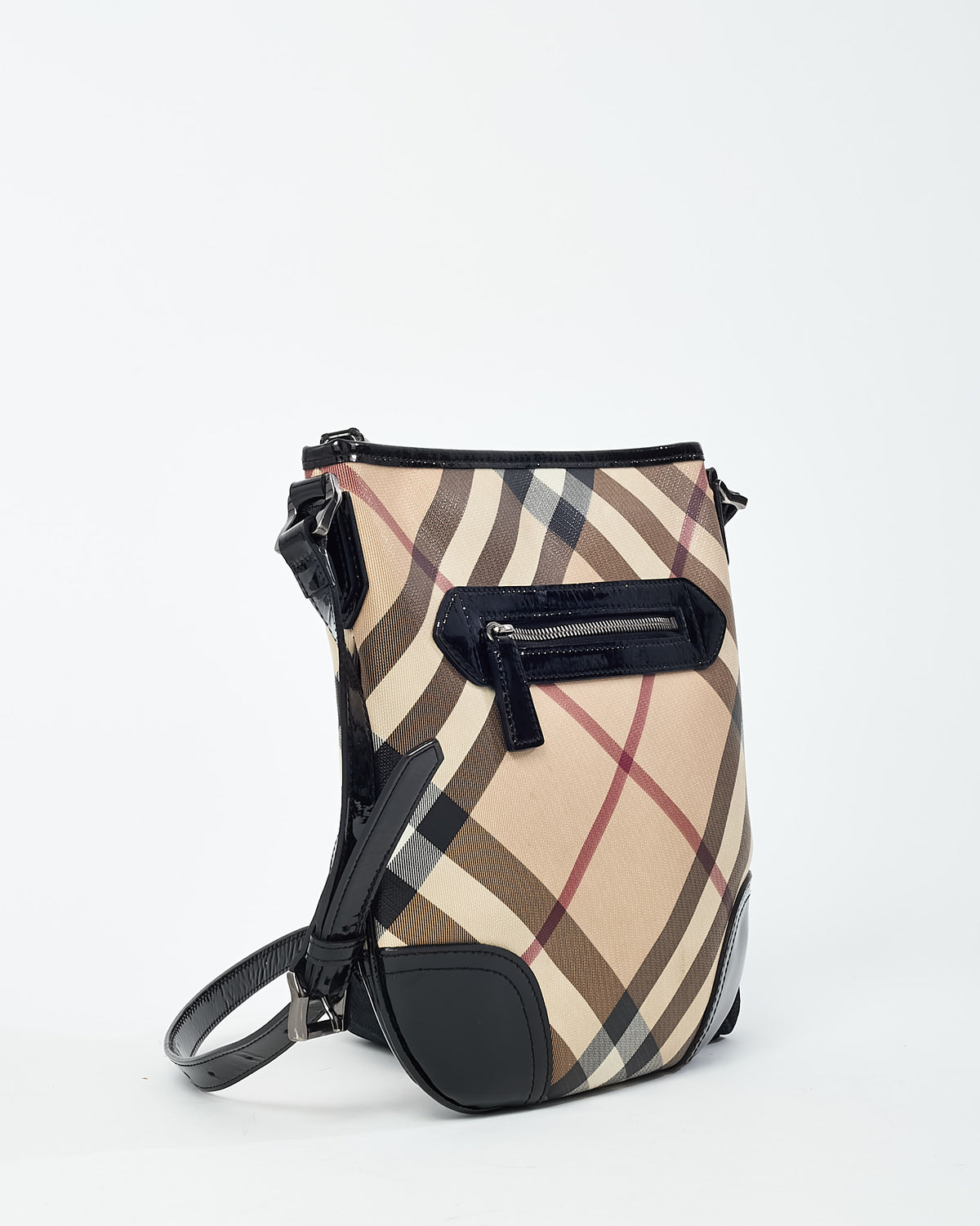 Burberry Beige Nova Check Coated Canvas Black Patent Trim Dryden Crossbody Bag