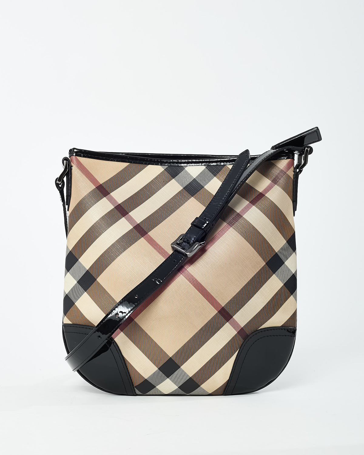 Burberry Beige Nova Check Coated Canvas Black Patent Trim Dryden Crossbody Bag