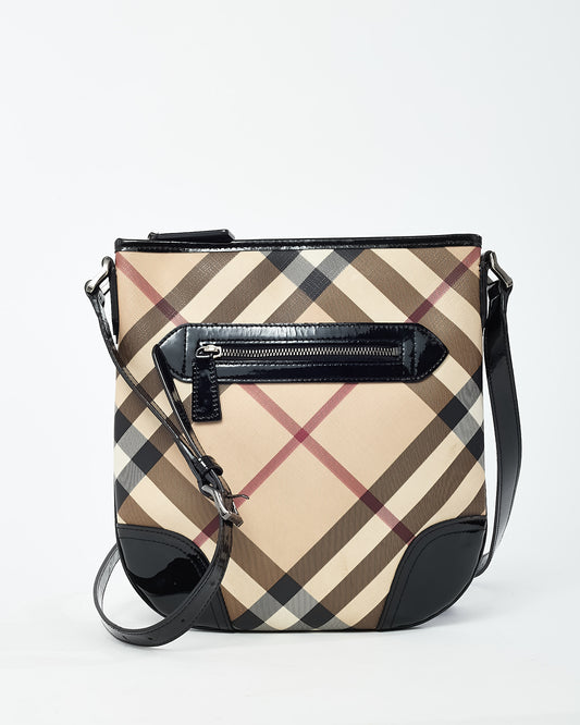 Burberry Beige Nova Check Coated Canvas Black Patent Trim Dryden Crossbody Bag