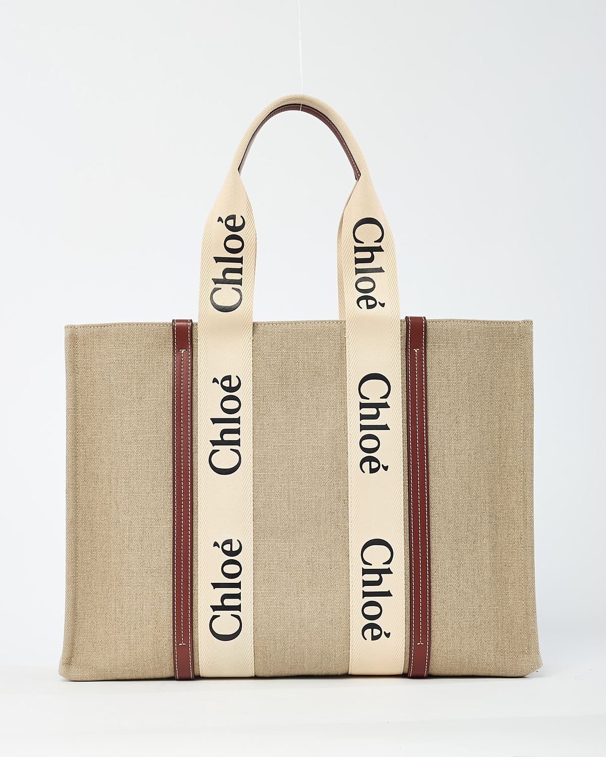 Chloé Beige Canvas & Brown Leather Trim Large Woody Tote Bag